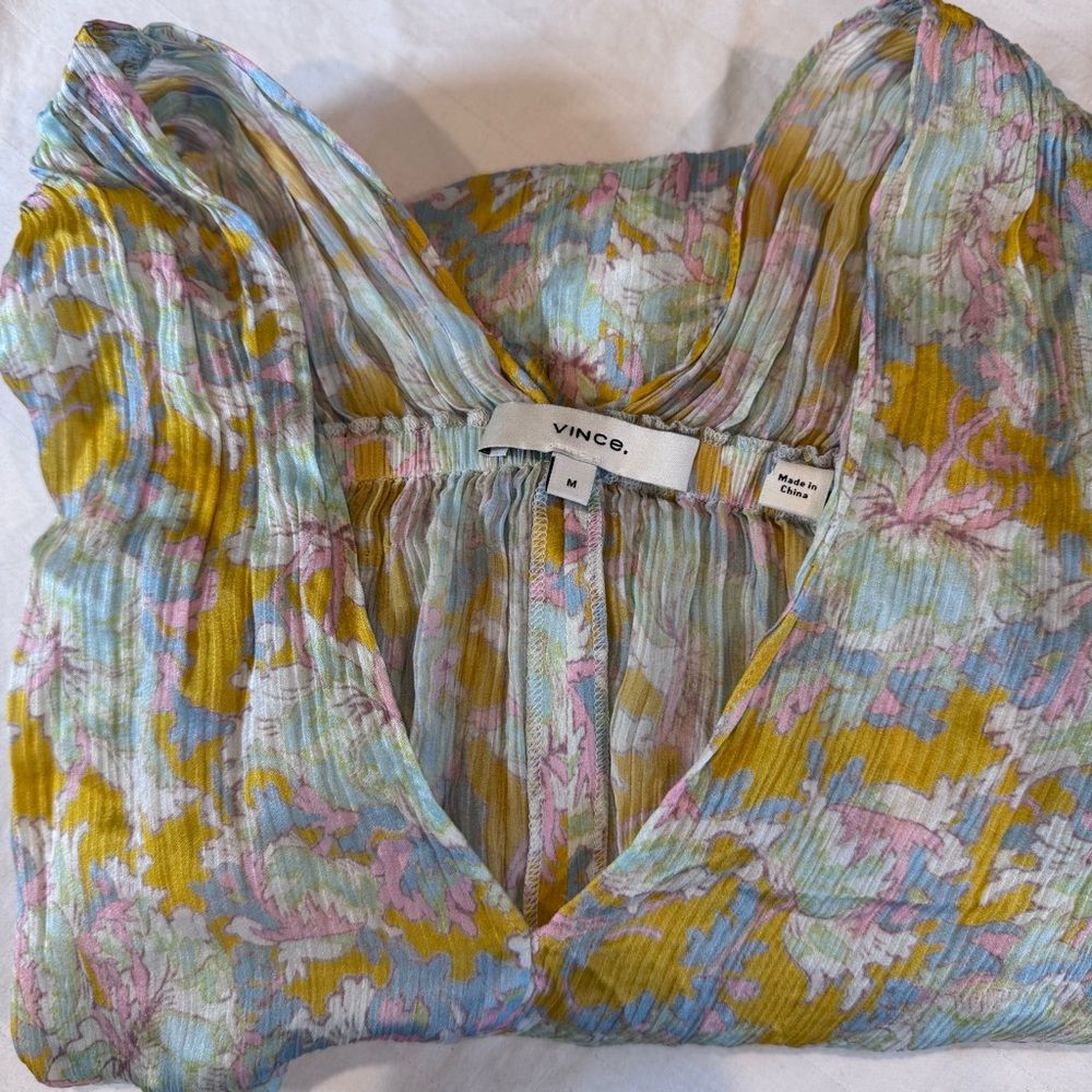 Vince Lotus Ruched Flutter Sleeve Silk Blouse, Size Medium - Picture 15 of 16